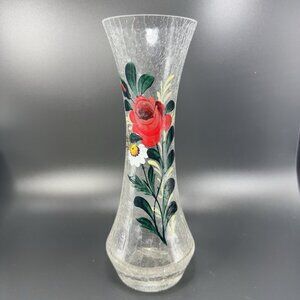 Vintage Tall Art Glass Vase Clear Crackle Glass Vessel Vase With Floral Pattern